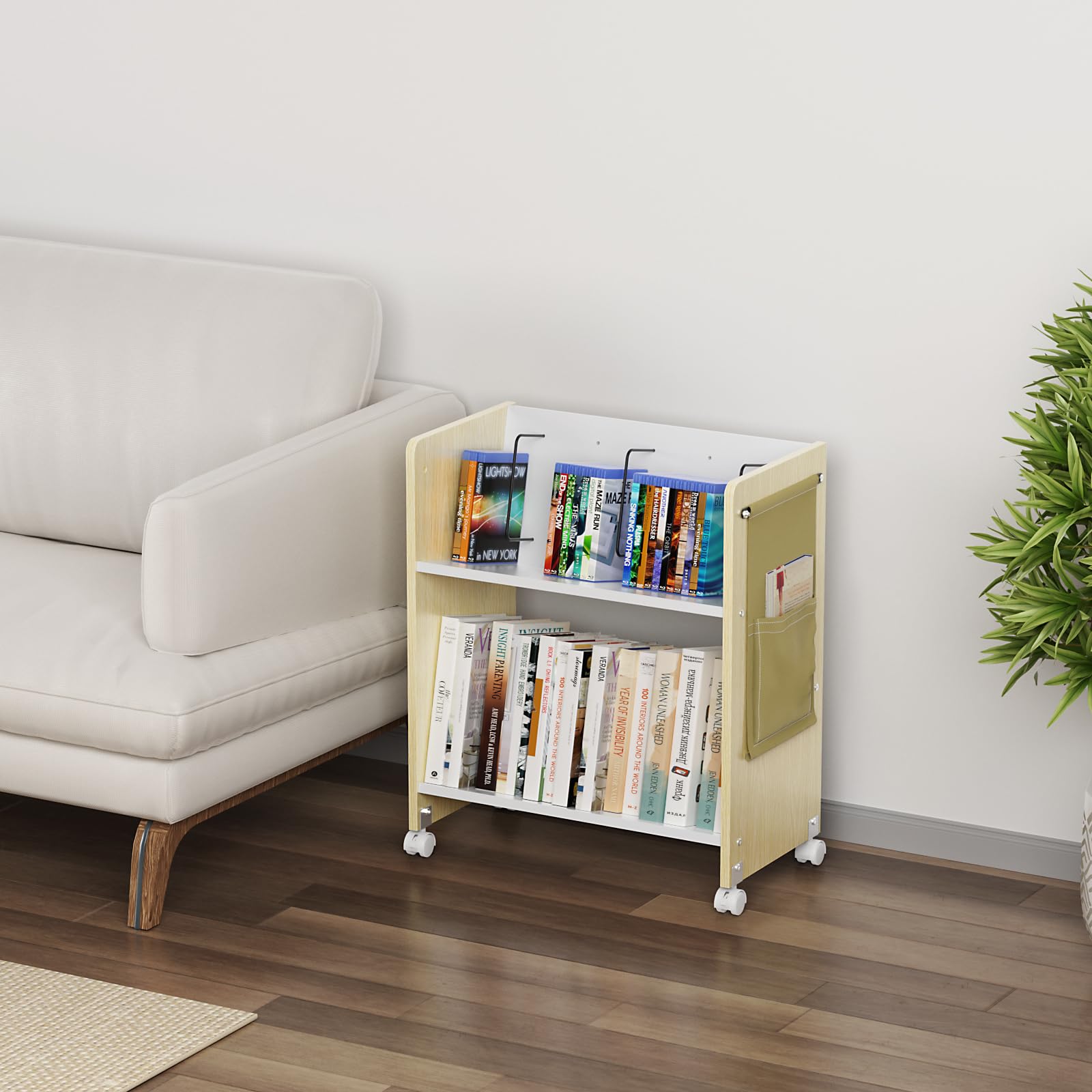 DEWEL ファイルワゴン 2段 A4対応 幅55×奥行30×高さ66cm キャスター付き 斜め収納 高耐荷重42kg 木製 スリム設計